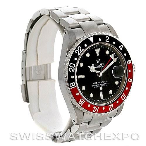 The image shows a side angle of a Rolex GMT-Master 16710 Men's Stainless Steel Black Dial 16710 Men's Stainless Steel Black Dial watch, highlighting its bezel, dial, and bracelet.