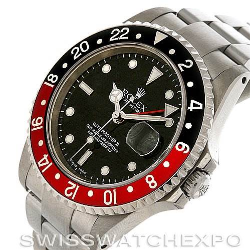 The image shows a front angle of the Rolex GMT-Master 16710 Men's Stainless Steel Black Dial 16710 Men's Stainless Steel Black Dial II watch, highlighting its bezel, dial, lugs, and bracelet.