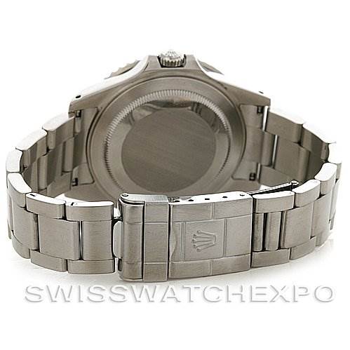 The image shows the back and bracelet clasps of a Rolex GMT-Master 16710 Men's Stainless Steel Black Dial 16710 Men's Stainless Steel Black Dial watch, focusing on the case back and the Rolex-engraved clasp.