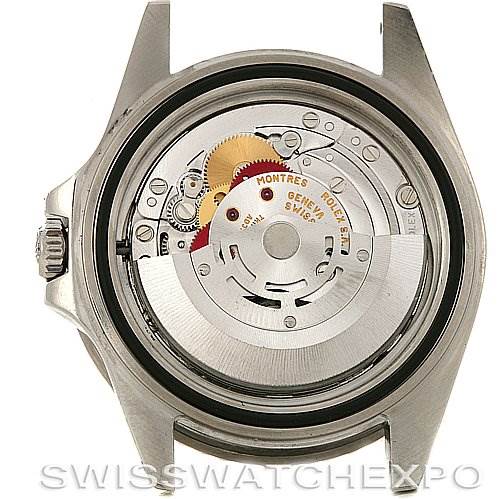 The image shows the back view of a Rolex GMT-Master 16710 Men's Stainless Steel Black Dial 16710 Men's Stainless Steel Black Dial watch, highlighting its internal movement components.