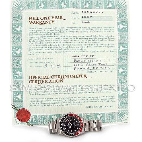 The image shows a GMT-Master Rolex watch with a black and red bezel, displayed along with its warranty and certification documents.