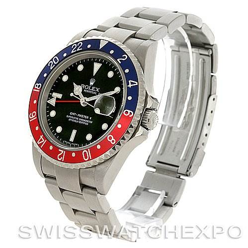 The image shows a Rolex GMT-Master 16710 Men's Stainless Steel Black Dial 16710 Men's Stainless Steel Black Dial watch from an angled view, capturing its bezel, bracelet, face, and clasp.