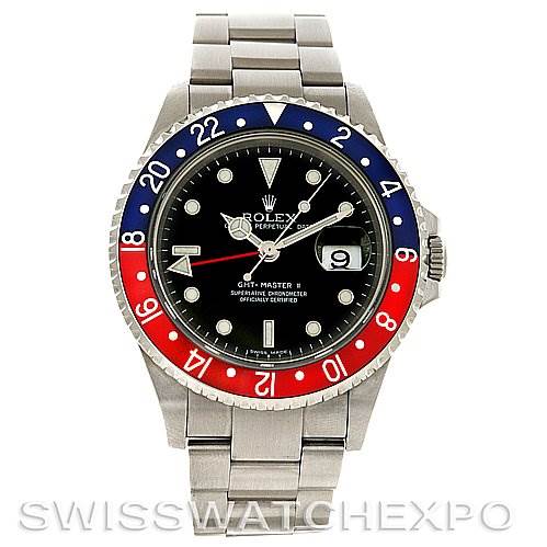 This image shows the front view of a Rolex GMT-Master 16710 Men's Stainless Steel Black Dial 16710 Men's Stainless Steel Black Dial II watch with a red and blue bezel.