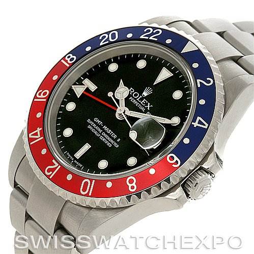 The image shows a Rolex GMT-Master 16710 Men's Stainless Steel Black Dial 16710 Men's Stainless Steel Black Dial watch from a tilted angle, highlighting its bezel, face, and bracelet.