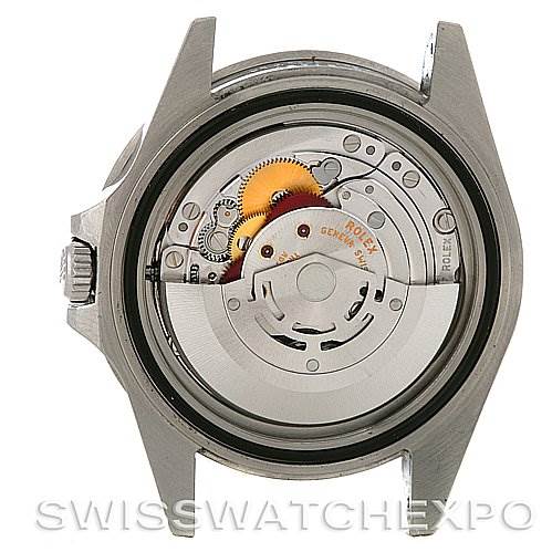 The image shows the back view of a Rolex GMT-Master 16710 Men's Stainless Steel Black Dial 16710 Men's Stainless Steel Black Dial watch, focusing on its internal mechanism and movement components.