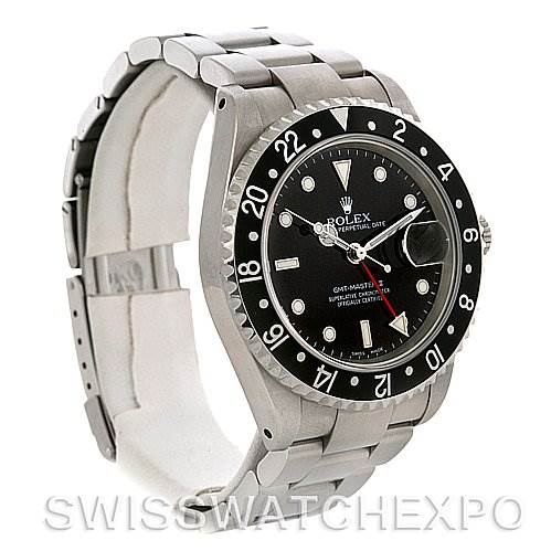 The image shows a side and front angle of a Rolex GMT-Master 16710 Men's Stainless Steel Black Dial 16710 Men's Stainless Steel Black Dial watch, highlighting its face, bezel, and bracelet.