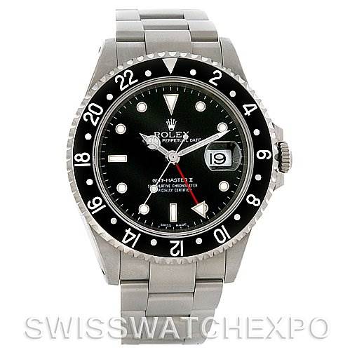 This image displays a Rolex GMT-Master 16710 Men's Stainless Steel Black Dial 16710 Men's Stainless Steel Black Dial II watch, showing a front view of the dial, bezel, case, and bracelet.