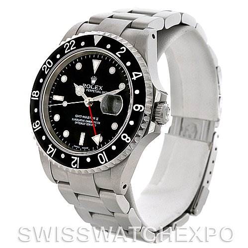 The image shows a side and partial front view of a Rolex GMT-Master 16710 Men's Stainless Steel Black Dial 16710 Men's Stainless Steel Black Dial watch, highlighting its dial, bezel, and bracelet.
