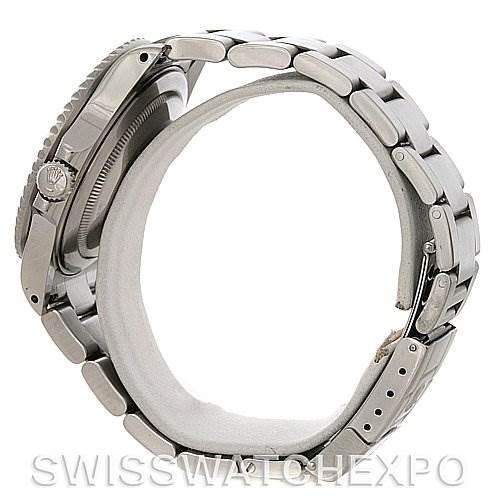 The image shows a side view of a Rolex GMT-Master 16710 Men's Stainless Steel Black Dial 16710 Men's Stainless Steel Black Dial, highlighting its stainless steel bracelet, case, and crown.