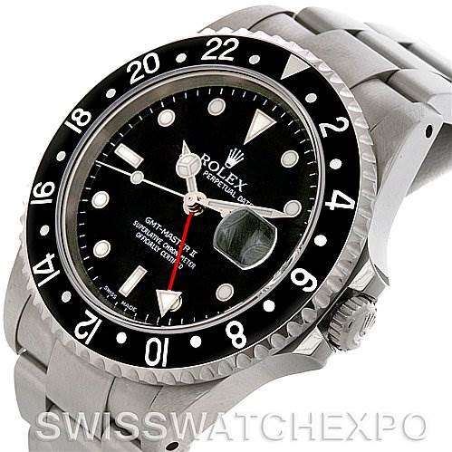 This image shows a Rolex GMT-Master 16710 Men's Stainless Steel Black Dial 16710 Men's Stainless Steel Black Dial watch at a slight angle, highlighting the bezel, dial, hands, and part of the bracelet.
