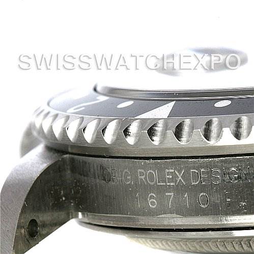 The image shows a close-up side view of the bezel and case of a Rolex GMT-Master 16710 Men's Stainless Steel Black Dial 16710 Men's Stainless Steel Black Dial model, partially displaying the "ROLE" in "ROLEX DESIGN" and "16710."