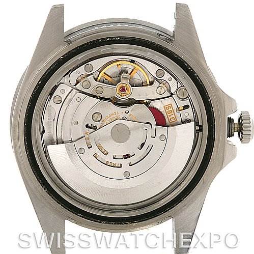 The image shows the internal movement of a Rolex GMT-Master 16710 Men's Stainless Steel Black Dial 16710 Men's Stainless Steel Black Dial watch, viewed from the back with the case back removed.