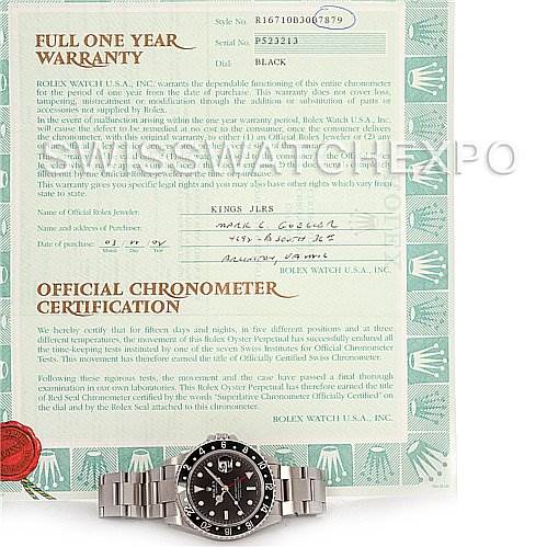 The image shows a Rolex GMT-Master 16710 Men's Stainless Steel Black Dial 16710 Men's Stainless Steel Black Dial watch placed below a full one-year warranty and chronometer certification document.