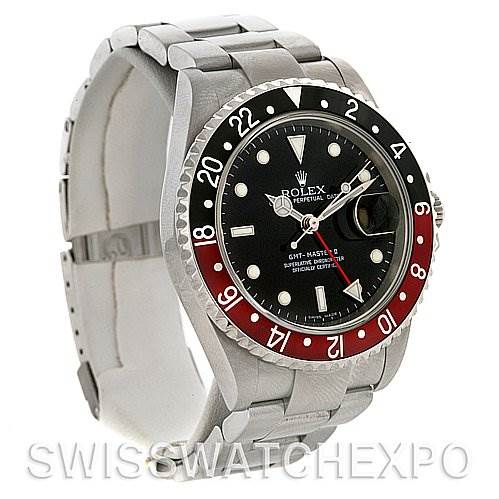 The image shows a Rolex GMT-Master 16710 Men
s Stainless Steel Black Dial 16710 Men
s Stainless Steel Black Dial watch, angled to display its face, bezel, bracelet, and partially visible clasp.