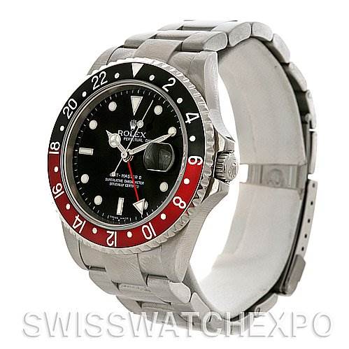 This image shows a side angle of the Rolex GMT-Master 16710 Men
s Stainless Steel Black Dial 16710 Men
s Stainless Steel Black Dial watch, highlighting its black and red bezel, dial, and stainless steel bracelet.