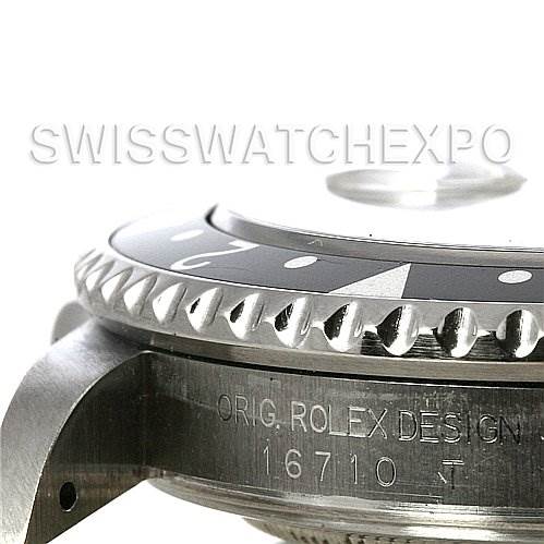 The image shows a close-up side view of the bezel, lugs, and case of the Rolex GMT-Master 16710 Men
s Stainless Steel Black Dial 16710 Men
s Stainless Steel Black Dial model 16710.