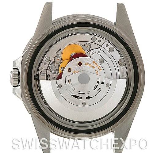 The image shows a close-up of the movement and internal mechanism of a Rolex GMT-Master 16710 Men
s Stainless Steel Black Dial 16710 Men
s Stainless Steel Black Dial watch, viewed from the back.