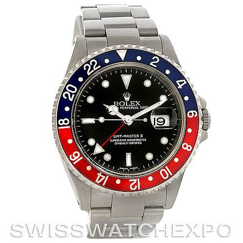 The image shows a Rolex GMT-Master 16710 Men's Stainless Steel Black Dial 16710 Men's Stainless Steel Black Dial II watch from the front, displaying its bezel, dial, hands, and bracelet.