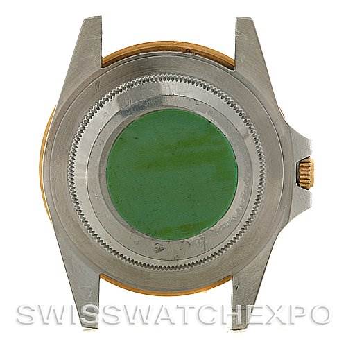 The image shows the back case of a Rolex GMT-Master 16753 Men
s Stainless Steel Brown Dial 16753 Men
s Stainless Steel Brown Dial watch, viewed from a top-down angle.