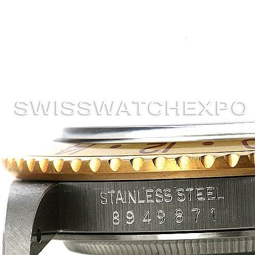 The image shows a close-up side view of the case and bezel of a Rolex GMT-Master 16753 Men
s Stainless Steel Brown Dial 16753 Men
s Stainless Steel Brown Dial watch.