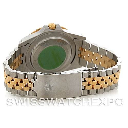 This image shows the back view of the Rolex GMT-Master 16753 Men
s Stainless Steel Brown Dial 16753 Men
s Stainless Steel Brown Dial watch, highlighting the watch case, bracelet, and clasp.