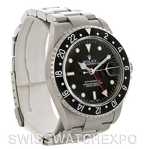 The image shows a Rolex GMT-Master 16710 Men's Stainless Steel Black Dial 16710 Men's Stainless Steel Black Dial watch at a slight left-side angle, displaying the face, bezel, and part of the bracelet.