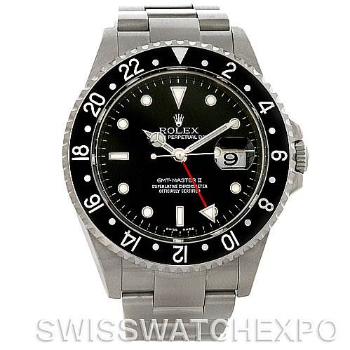 The image shows the front view of a Rolex GMT-Master 16710 Men's Stainless Steel Black Dial 16710 Men's Stainless Steel Black Dial II watch, displaying the dial, bezel, and bracelet.