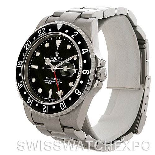 The image shows a side view of the Rolex GMT-Master 16710 Men's Stainless Steel Black Dial 16710 Men's Stainless Steel Black Dial watch featuring its bezel, dial, and bracelet.