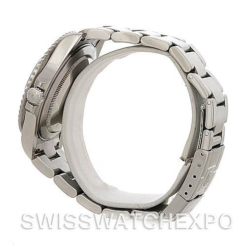 The image shows a side profile of a Rolex GMT-Master 16710 Men's Stainless Steel Black Dial 16710 Men's Stainless Steel Black Dial watch, highlighting its bracelet, clasp, and part of the case.