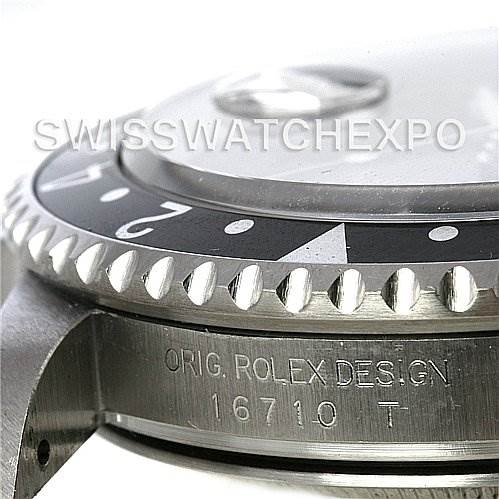 The image shows a close-up side view of a Rolex GMT-Master 16710 Men's Stainless Steel Black Dial 16710 Men's Stainless Steel Black Dial watch, highlighting the bezel and part of the case with the model number.