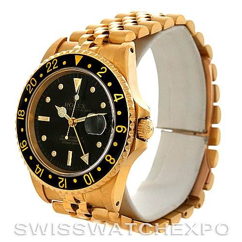 The image shows a Rolex GMT-Master 16758 Men's Stainless Steel Black Dial 16758 Men's Stainless Steel Black Dial watch from an angled side profile, highlighting the black and gold bezel, dial, and full bracelet.