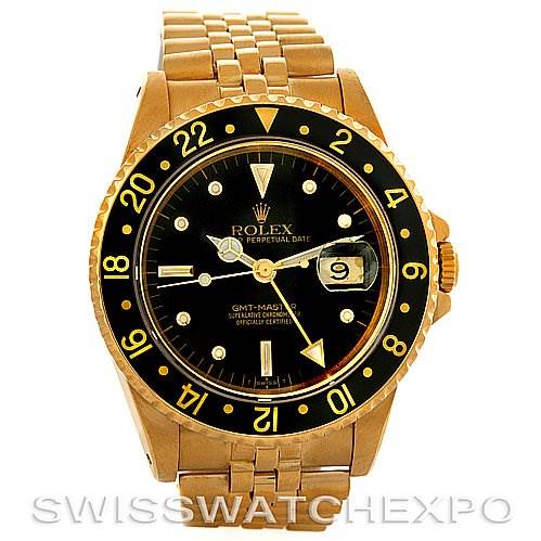 The image shows a front view of a Rolex GMT-Master 16758 Men's Stainless Steel Black Dial 16758 Men's Stainless Steel Black Dial watch, focusing on the dial, bezel, and part of the bracelet.