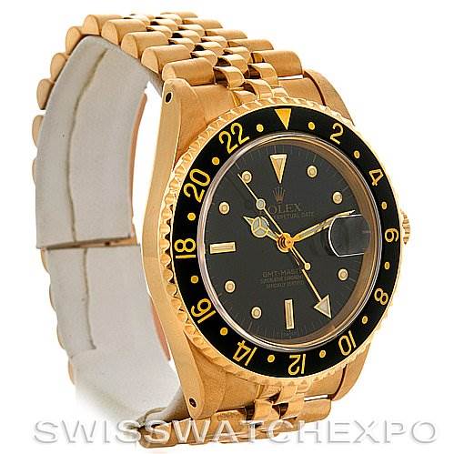 The image shows a side angle of a Rolex GMT-Master 16758 Men's Stainless Steel Black Dial 16758 Men's Stainless Steel Black Dial watch, highlighting the gold bracelet, black bezel, and black dial.