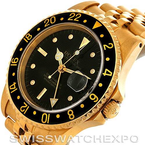 This image shows a close-up angle of the Rolex GMT-Master 16758 Men's Stainless Steel Black Dial 16758 Men's Stainless Steel Black Dial watch, highlighting the black bezel, dial, and jubilee bracelet.