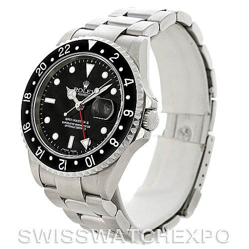 The image shows a side angle of the Rolex GMT-Master 16710 T Men's Stainless Steel Black Dial 16710 T Men's Stainless Steel Black Dial watch, highlighting the face, bezel, crown, and stainless steel bracelet.