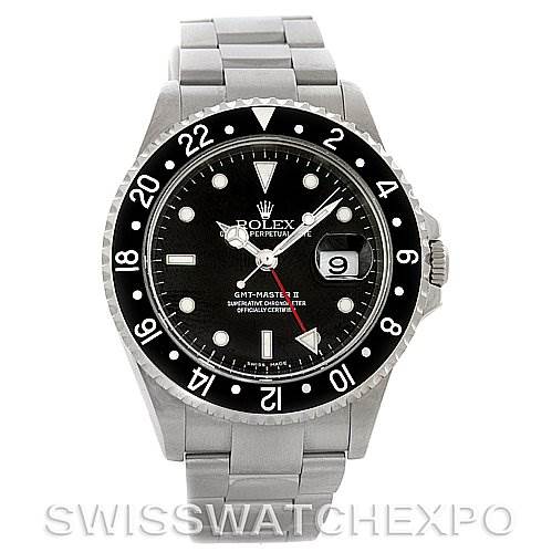 The image shows a front view of a Rolex GMT-Master 16710 T Men's Stainless Steel Black Dial 16710 T Men's Stainless Steel Black Dial II watch, displaying its dial, bezel, case, crown, and bracelet.