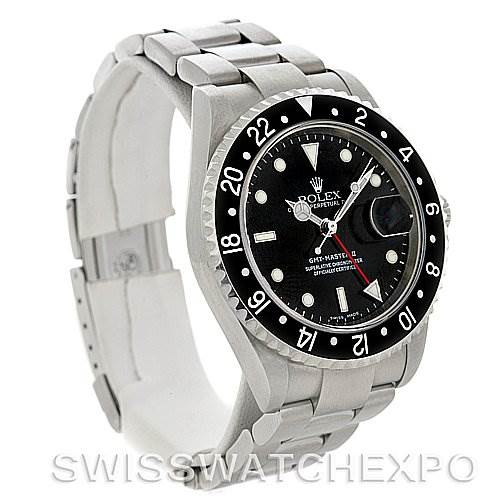 This image shows a Rolex GMT-Master 16710 T Men's Stainless Steel Black Dial 16710 T Men's Stainless Steel Black Dial watch from an angled side view, highlighting the dial, bezel, and metal bracelet.