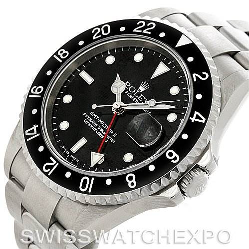 A close-up of the Rolex GMT-Master 16710 T Men's Stainless Steel Black Dial 16710 T Men's Stainless Steel Black Dial watch showing its face, bezel, crown, and part of the bracelet from a slightly angled perspective.