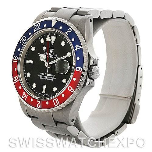 This image shows a side angle of a Rolex GMT-Master 16710 Men's Stainless Steel Black Dial 16710 Men's Stainless Steel Black Dial II, highlighting the bezel, dial, and bracelet.