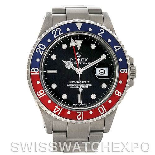 This image shows a front view of the Rolex GMT-Master 16710 Men's Stainless Steel Black Dial 16710 Men's Stainless Steel Black Dial II watch, highlighting the bezel, dial, hands, and date window.