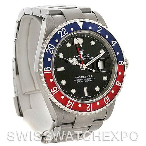 This image shows a front-side view of a Rolex GMT-Master 16710 Men's Stainless Steel Black Dial 16710 Men's Stainless Steel Black Dial II watch, highlighting the bezel, dial, and bracelet.