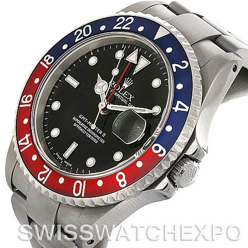 This image shows a Rolex GMT-Master 16710 Men's Stainless Steel Black Dial 16710 Men's Stainless Steel Black Dial watch from an angled perspective, highlighting the bezel, dial, bracelet, and crown.