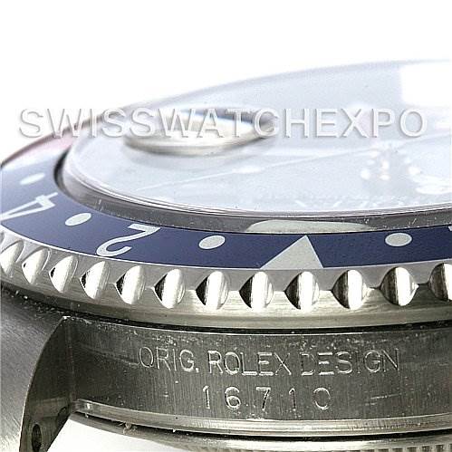 This image shows a close-up of the bezel, crystal, case, and model engraving ("16710") of a Rolex GMT-Master 16710 Men's Stainless Steel Black Dial 16710 Men's Stainless Steel Black Dial watch.