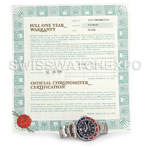 The image shows a Rolex GMT-Master 16710 Men's Stainless Steel Black Dial 16710 Men's Stainless Steel Black Dial watch lying flat, positioned below its warranty and official chronometer certification paperwork.