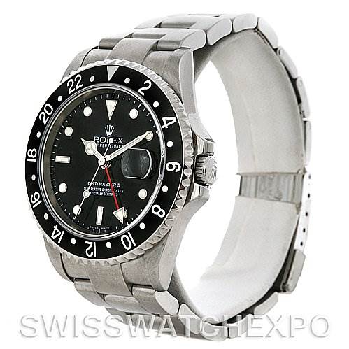 This image shows a side view of the Rolex GMT-Master 16710 T Men's Stainless Steel Black Dial 16710 T Men's Stainless Steel Black Dial watch, highlighting its bezel, dial, crown, and bracelet.