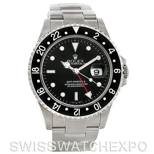 This image shows a frontal view of a Rolex GMT-Master 16710 T Men's Stainless Steel Black Dial 16710 T Men's Stainless Steel Black Dial II watch, displaying the dial, bezel, case, and bracelet.