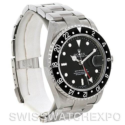 This image shows a Rolex GMT-Master 16710 T Men's Stainless Steel Black Dial 16710 T Men's Stainless Steel Black Dial II watch at a three-quarter angle, highlighting the face, bezel, and bracelet.