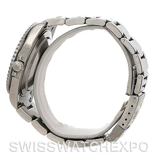 Side view of a Rolex GMT-Master 16710 T Men's Stainless Steel Black Dial 16710 T Men's Stainless Steel Black Dial watch showing the crown, case, and metal bracelet.