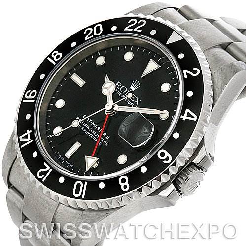 This image shows a top-side view of the Rolex GMT-Master 16710 T Men's Stainless Steel Black Dial 16710 T Men's Stainless Steel Black Dial watch, highlighting the black dial, bezel, and stainless steel bracelet.