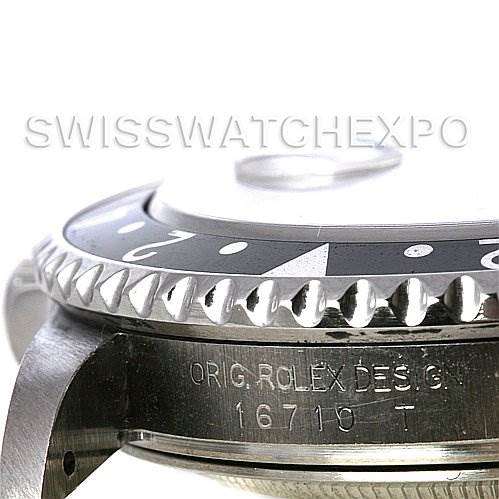 This close-up image shows the bezel, lug, and part of the case of a Rolex GMT-Master 16710 T Men's Stainless Steel Black Dial 16710 T Men's Stainless Steel Black Dial model with the model number visible.